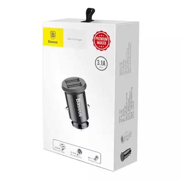 "Baseus Grain" 2x USB 5V 3,1 A automobilinis įkroviklis (juodas)
