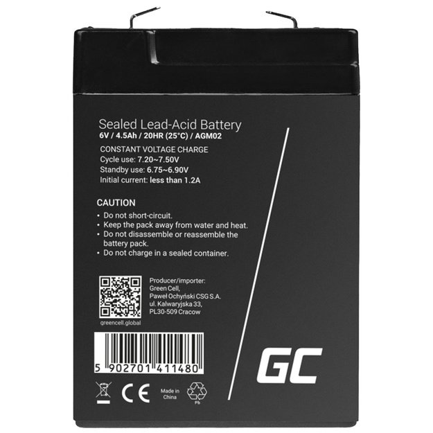 Techninės priežiūros nereikalaujantis AGM VRLA akumuliatorius AGM02 6V 4,5Ah (skirtas signalizacijos sistemai, kasos aparatui, žaislui)