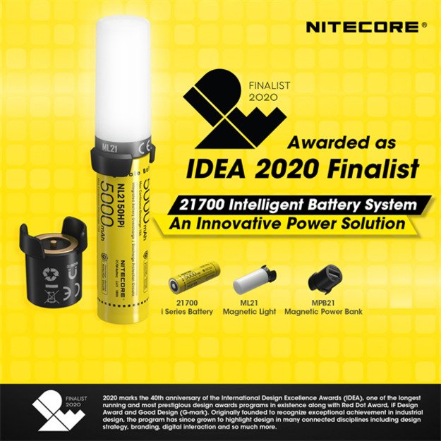 Nitecore Intelligent baterijos NL2150HPi 21700 sistema su žibintuvėliu ir krovikliu