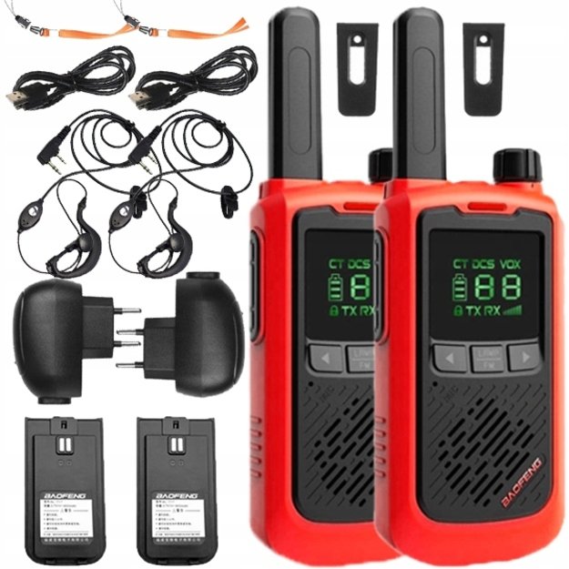Baofeng BF-T17 Walkie Talkie racijos su žibintuvėliu, 2vnt, Raudona