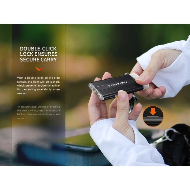 Fenix E-Spark avarinis pakraunamas žibintuvėlis prie raktų su powerbanku