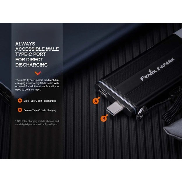 Fenix E-Spark avarinis pakraunamas žibintuvėlis prie raktų su powerbanku