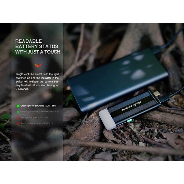 Fenix E-Spark avarinis pakraunamas žibintuvėlis prie raktų su powerbanku
