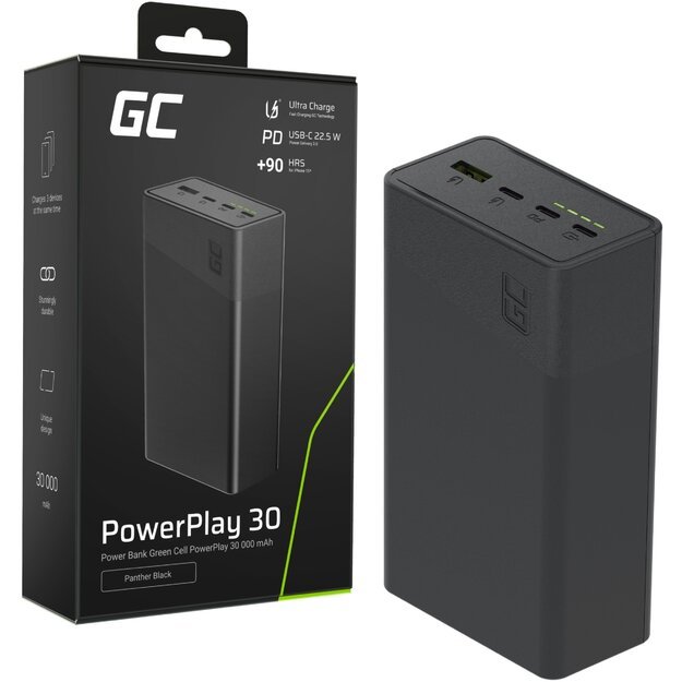 „Green Cell PowerPlay 30“ 30000 mAh išorinė baterija Juoda