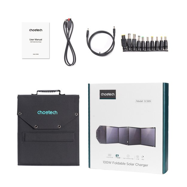 Складное солнечное зарядное устройство Choetech SC009-V2, 100 Вт, USB-C / 2 x USB-A, PD QC, черное