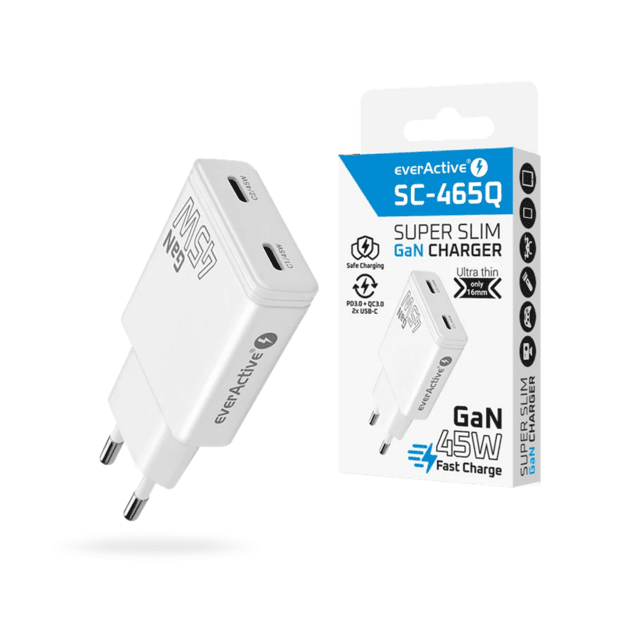 Настенное зарядное устройство everActive GaN SUPER SLIM SC-465Q с двумя портами USB-C PD мощностью 45 Вт.