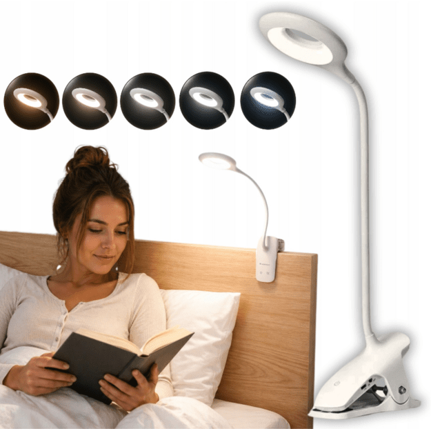 Mini Wozinsky belaidė LED skaitymo lempa su segtuku + USB-C laidu – balta