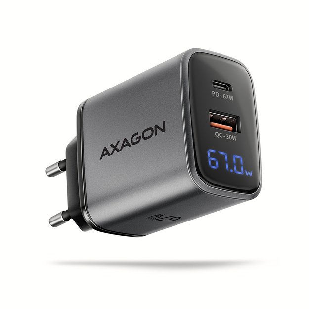Axagon PD3.0 ir QC4+ 2xOUTPUTS sieninis įkroviklis 67W ACU-PQ67D (LCD display)