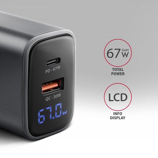 Axagon PD3.0 ir QC4+ 2xOUTPUTS sieninis įkroviklis 67W ACU-PQ67D (LCD display)