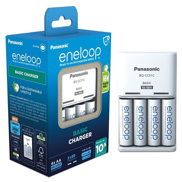 Panasonic Eneloop įkroviklis BQ-CC51 + 4 x R6/AA Eneloop 2000mAh Ni-MH BK-3MCDE