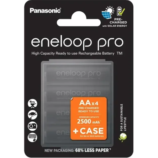 Panasonic Eneloop PRO R6 AA 2500mAh batteries x 4 + dėžutė BK-3HCDEC4BE