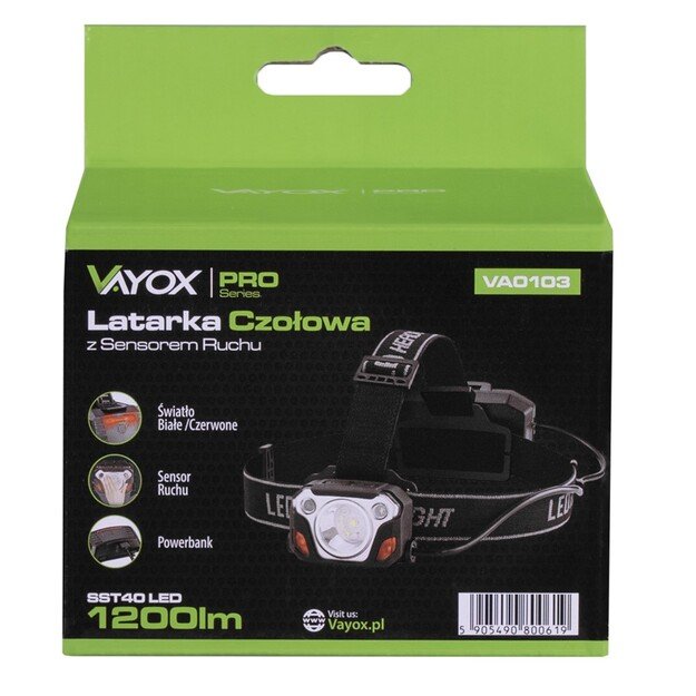 Vayox žibintuvėlis ant galvos su judesio davikliu SST40 1200lm VA0103
