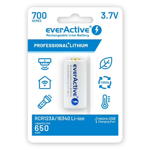 everActive 16340 3.7V ličio jonų 700 mAh mikro USB baterija su apsauga