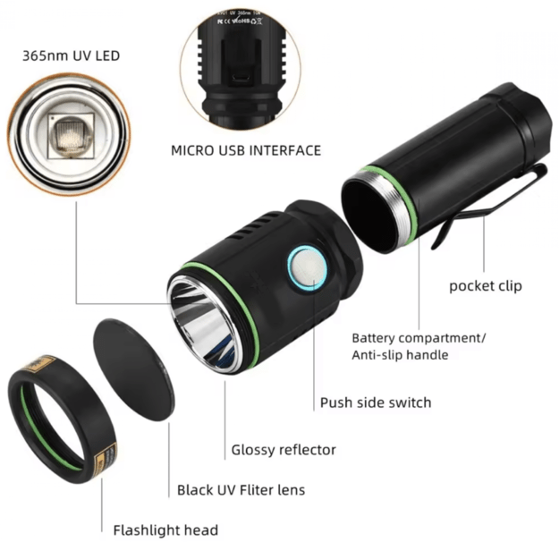 365nm UV žibintuvėlis 10W, įkraunamas USB