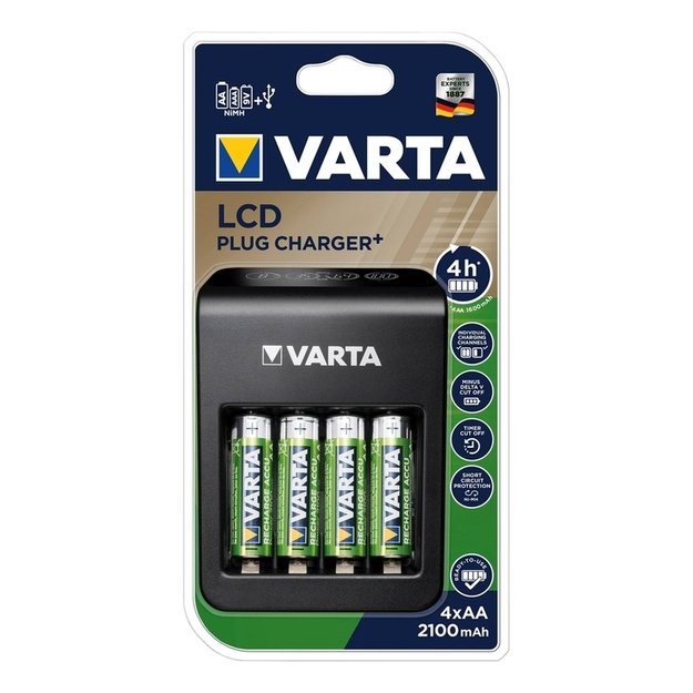 Universalus įkroviklis Varta LCD Plug-Plus su 4 AA 2100 mah  baterijomis 4 kanalų PP3 57687