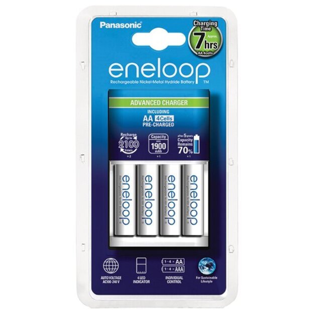 Panasonic Eneloop įkroviklis BQ-CC17 + 4 vnt R6/AA Eneloop 2000mAh BK-3MCCE įkraunamų baterijų