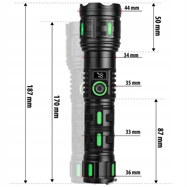 VAYOX 1200lm Pro serijos taktinis įkraunamas žibintuvėlis VA0365