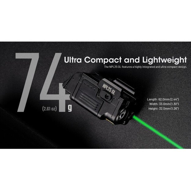 Nitecore žibintuvėlis ant ginklo NPL25 GL UHi 25 LED 900 liumenų + žalias lazeris