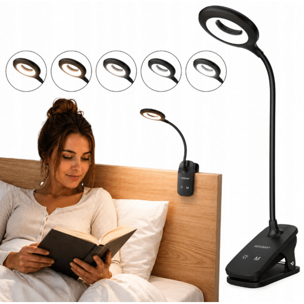 Mini Wozinsky belaidė LED skaitymo lempa su segtuku + USB-C laidu – juoda