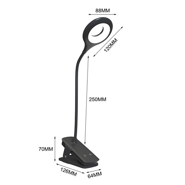 Mini Wozinsky belaidė LED skaitymo lempa su segtuku + USB-C laidu – juoda