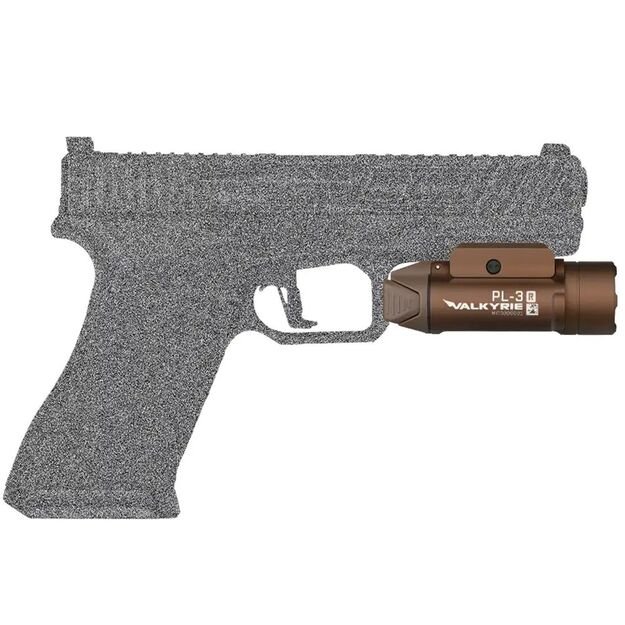 Olight PL-3R Valkyrie žibintuvėlis ant pistoleto, desert tan