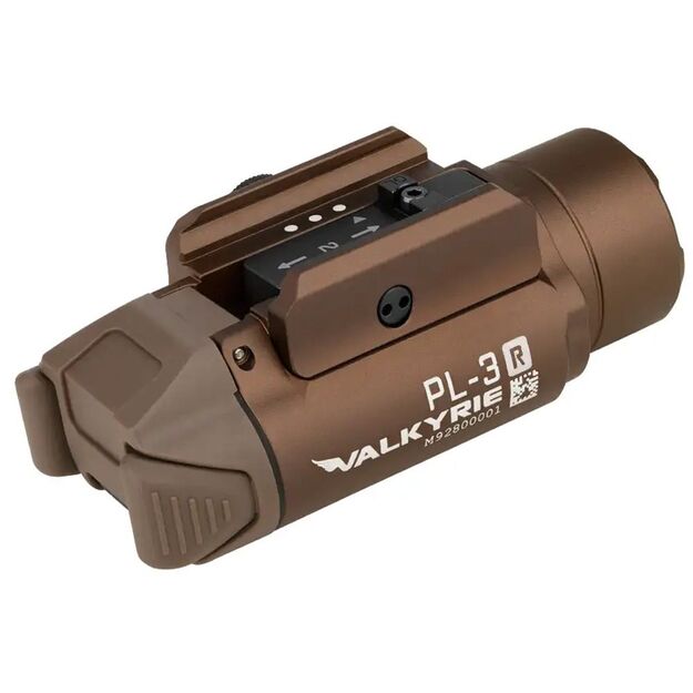 Olight PL-3R Valkyrie žibintuvėlis ant pistoleto, desert tan