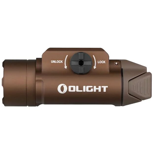 Olight PL-3R Valkyrie žibintuvėlis ant pistoleto, desert tan