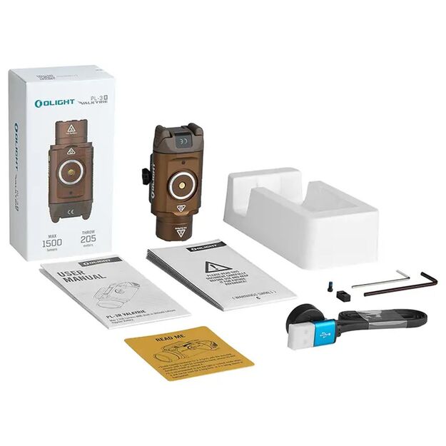 Olight PL-3R Valkyrie žibintuvėlis ant pistoleto, desert tan