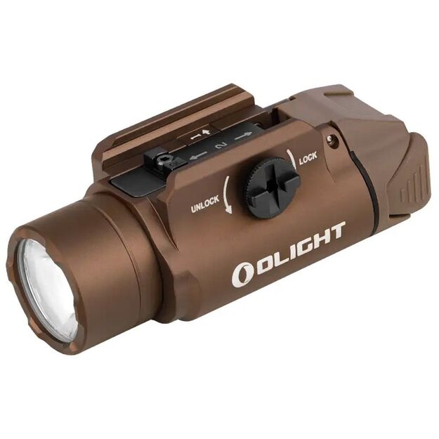 Olight PL-3R Valkyrie žibintuvėlis ant pistoleto, desert tan