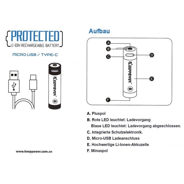 Keeppower 18650 - 3500mAh, Li-Ion 3.7V - 3.6V - PCB with protection and USB P1835U 1 psc