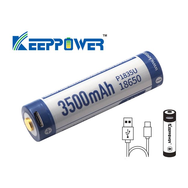 Keeppower 18650 - 3500mAh, Li-Ion 3.7V - 3.6V - PCB with protection and USB P1835U 1 psc