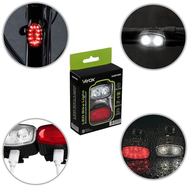 Vayox Dviračių žibintų komplektas priekinis 2*LED + galinis 12*LED VA0155