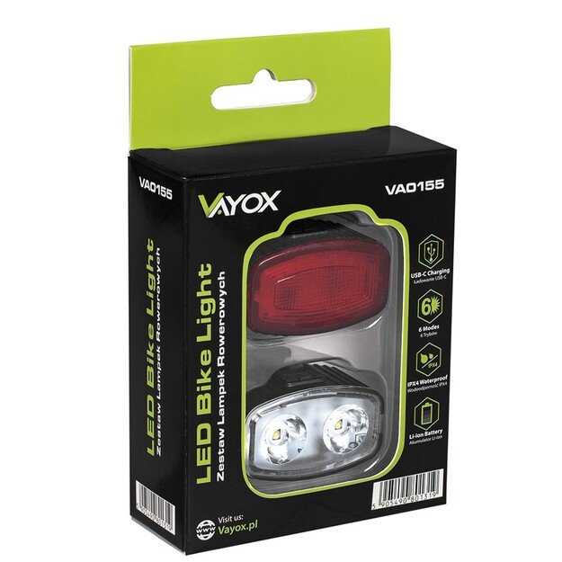 Vayox Dviračių žibintų komplektas priekinis 2*LED + galinis 12*LED VA0155