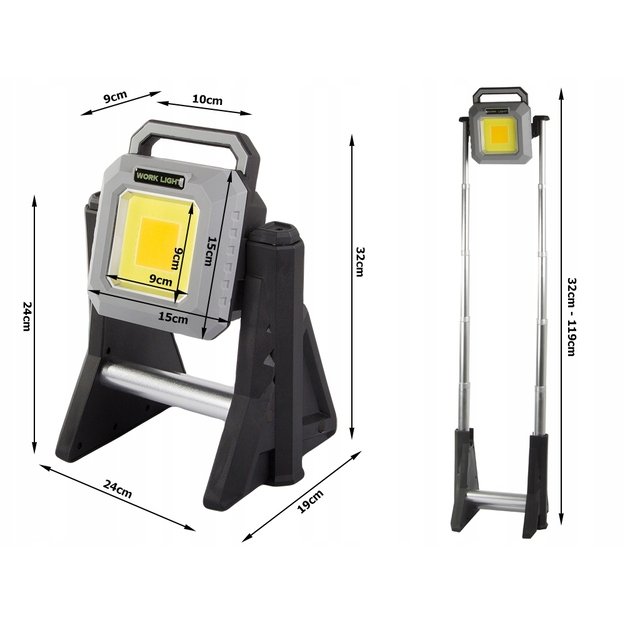 Prožektorius įkraunamas, nešiojamas LED COB USB su teleskopinėmis kojomis