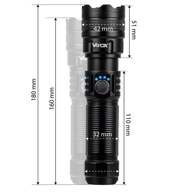 Vayox Įkraunamas taktinis žibintuvėlis 600lm 10W LED su powerbank funkcija VA0179