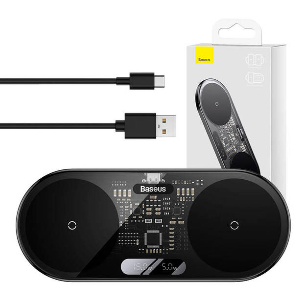 Беспроводное зарядное устройство Baseus Dual Qi, цифровой светодиодный дисплей, 20 Вт