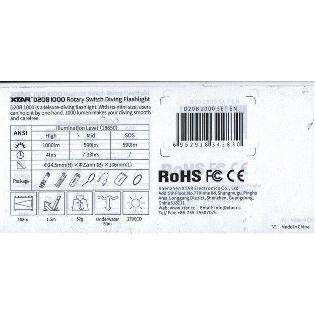 XTAR D20B 1000lm nardymo žibintuvėlis, komplektas