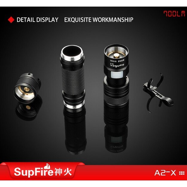 Supfire A2-X, USB, ZOOM žibintuvėlis