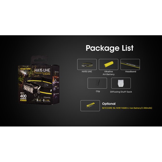 Nitecore HA15 UHE žibintuvėlis ant galvos 400lm + NL1411R