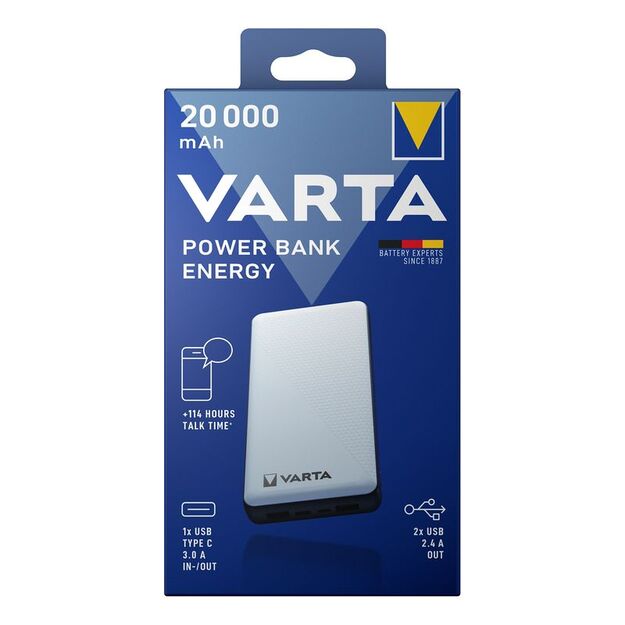 VARTA ENERGY 20000mAh atsarginė išorinė maitinimo baterija, powerbank