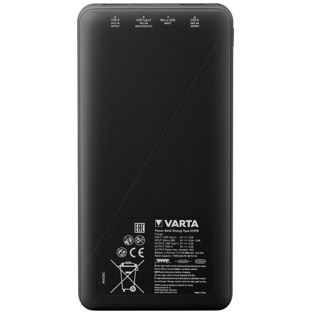 VARTA ENERGY 20000mAh atsarginė išorinė maitinimo baterija, powerbank
