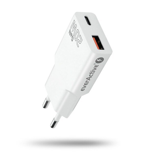 EverActive GaN SUPER SLIM SC-340Q sieninis įkroviklis su USB QC3.0 ir USB-C PD 20W lizdu