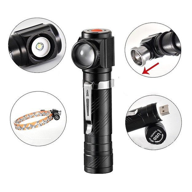 Pakraunamas žibintuvėlis su USB, su galvos raišteliu