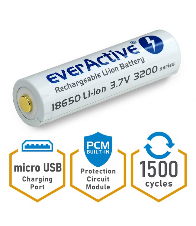18650 3200mAh battery with micro USB everActive