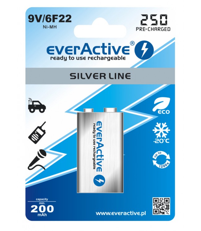9V 250mAh перезаряжаемый аккумулятор everActive Silver line Готов к использованию, 1 шт.