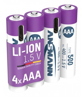 ANSMANN Įkraunamos baterijos AAA 1.5V 500mAh ( Li-Ion 0.74Wh) su USB-C lizdu, 4vnt įpakavime 