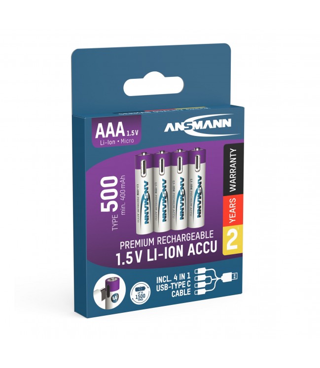 ANSMANN Rechargeable batteries AAA 1.5V 500mAh (Li-Ion 0.74Wh) with USB-C socket, 4pcs per pack 