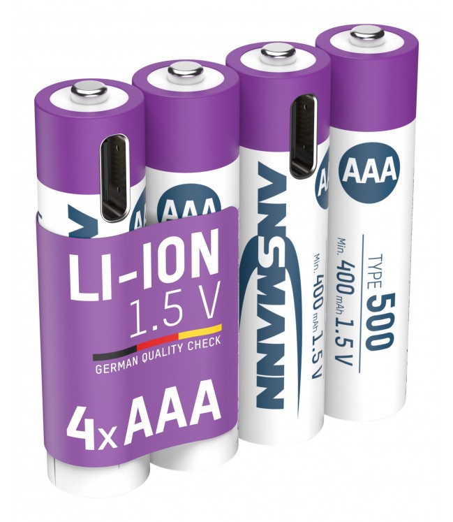 ANSMANN Аккумуляторные батареи AAA 1,5V 500mAh (Li-Ion 0,74Wh) с разъемом USB-C, 4шт в упаковке 