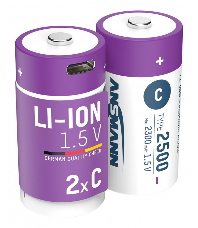 ANSMANN Аккумуляторы C 1,5V 2500mAh (Li-Ion 4,07Wh) с разъемом USB-C, 2шт в упаковке