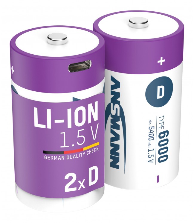 ANSMANN Аккумуляторы D 1,5V 6000mAh (Li-Ion 12Wh) с разъемом USB-C, 2 шт. в упаковке 